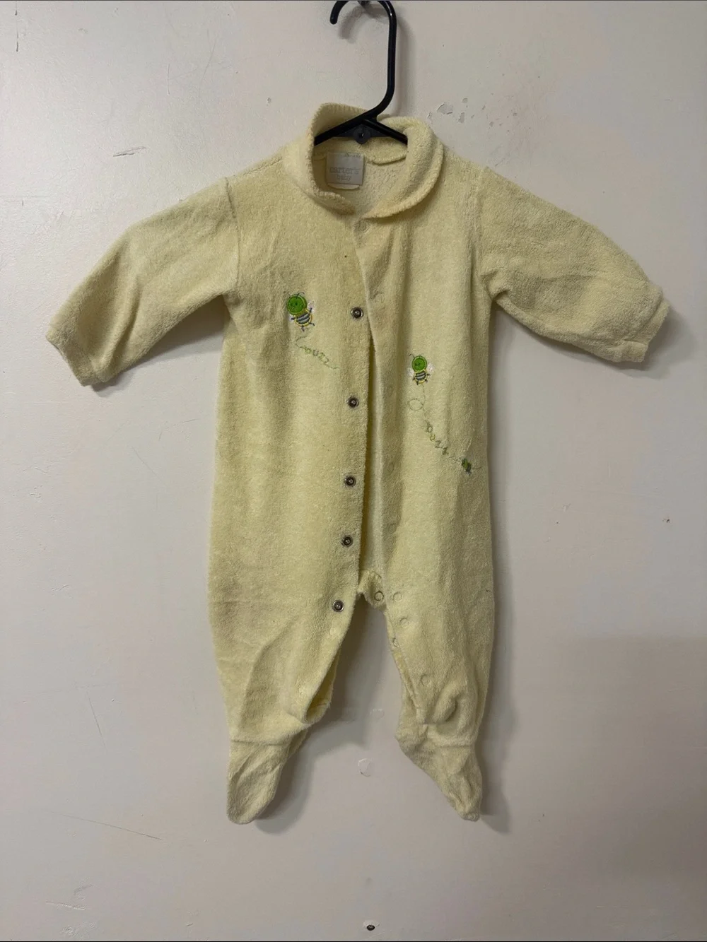 Carter's Pale Yellow Terry Footed Baby One-Piece with Green Embroidery